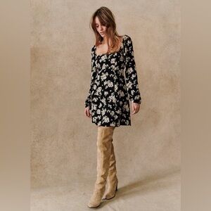 Sezane Robe Carola Floral Black and White Dress